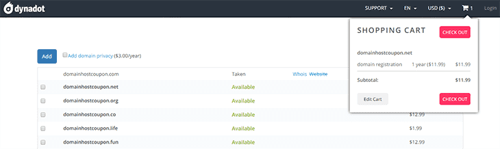 Checkout Domain name on Dynadot