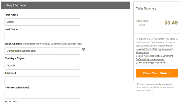 Payment page at Godaddy