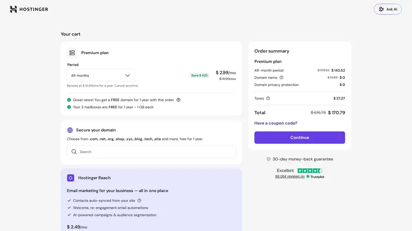 Hostinger hosting deals pricing plans and promo codes screenshot