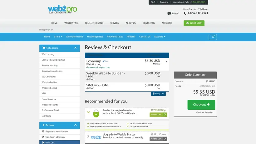 WebzPro promo code field with DOMAINHOSTCOUPON demo code